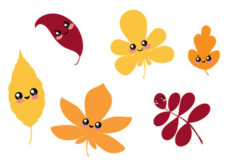 Cute vector set of autumn leaves with smiling kawaii faces. Bright and playful fall illustration perfect for children’s designs, stickers, and seasonal decor.