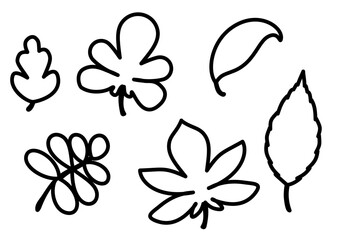 Fototapeta premium Set of hand-drawn outline autumn leaves. Black linear botanical elements in vector style for coloring pages, crafts, and seasonal designs.