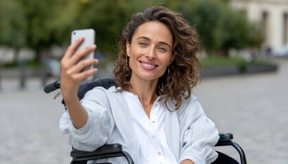 Smiling woman in wheelchair taking a selfie outdoors