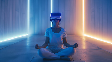 Woman Meditating in Minimalist Room with VR Headset, Floating Visualization of Stress Levels, Calming Blue Light Patterns, Smartwatch Monitoring Heart Rate Variability