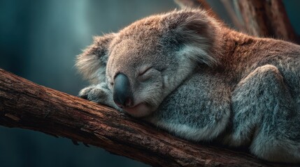 A cute koala bear sleeping on a branch
