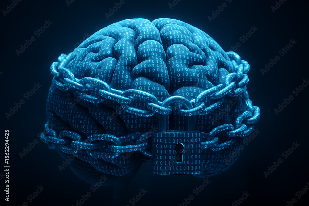Poster cybersecurity brain lock with digital chain and padlock a concept for data protection and mental sec