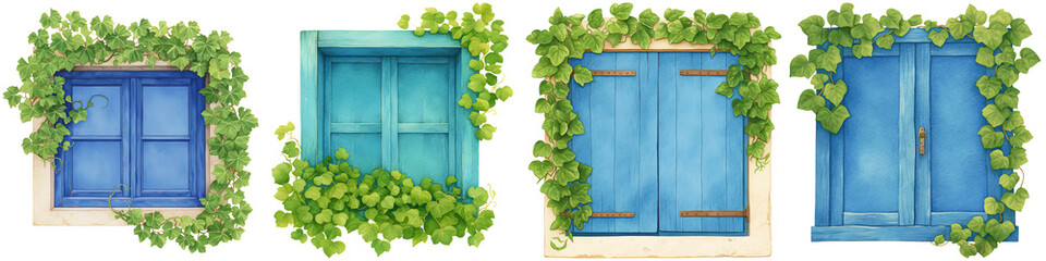 Four blue wooden window shutters framed with green ivy leaves, each featuring distinct styles and hardware.