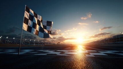 Checkered Flag at Sunset on Racing Track - Victory Moment