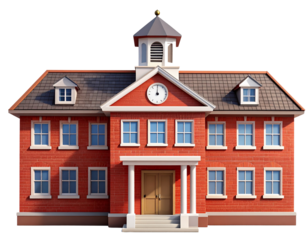 3D Classic School Building Icon with Clock Tower, isolated on transparent background
