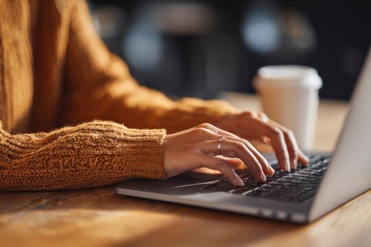 Person in orange sweater types on laptop cup in the background