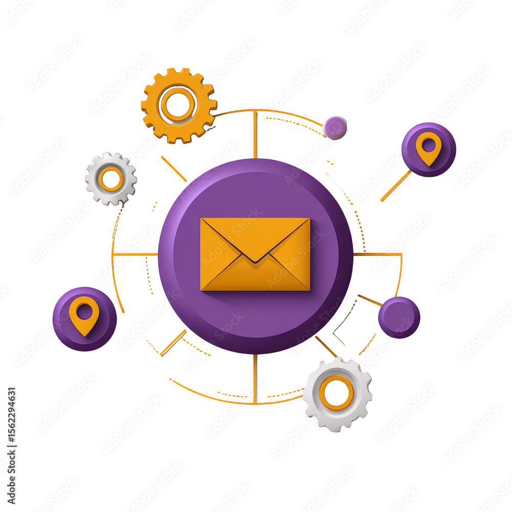 Poster email communication system with gears and location pins isolated on transparent background