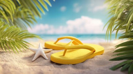 The bright yellow flip-flops resting on sandy beach with starfish.