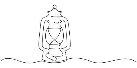 Abstract vintage kerosene lamp or lantern , continuous one line art hand drawing sketch, Kerosene lantern one line continuous. Line art paraffin lamp. Hand drawn vector art,  Camping backpack vector.