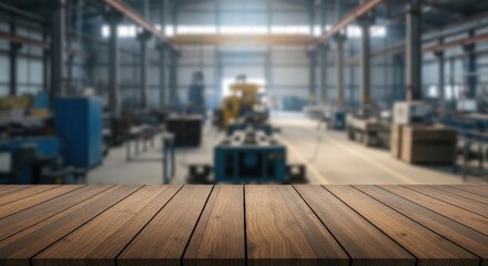Interior view of a manufacturing facility showing industrial machinery and equipment with a wooden table in the foreground
