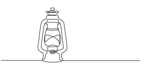 Abstract vintage kerosene lamp or lantern , continuous one line art hand drawing sketch, Kerosene lantern one line continuous. Line art paraffin lamp. Hand drawn vector art,  Camping backpack vector.