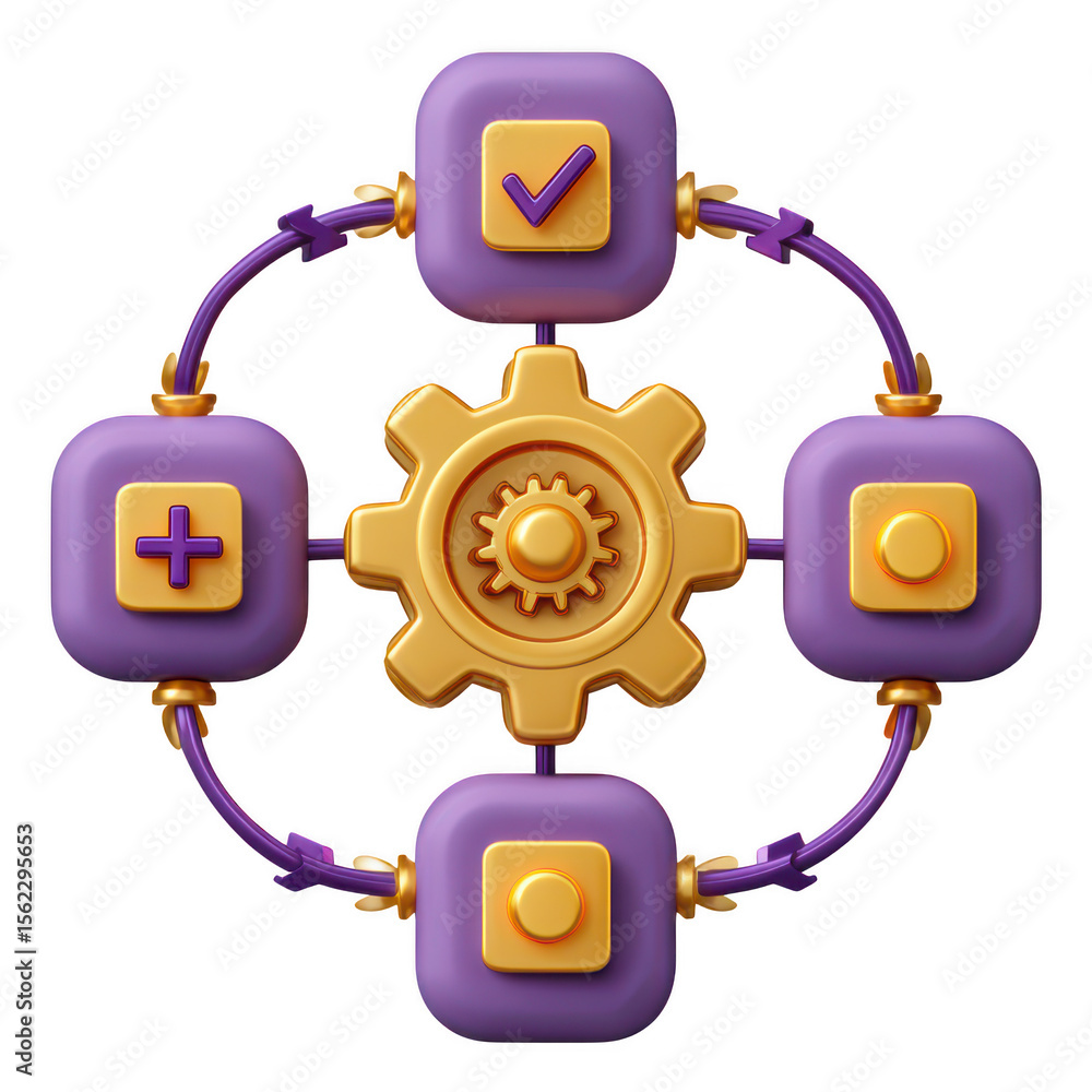 Poster abstract 3d workflow process diagram with gears and icons isolated on transparent background