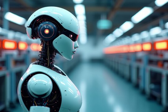 Futuristic AI robot with a glowing brain, a concept of deep learning and data processing