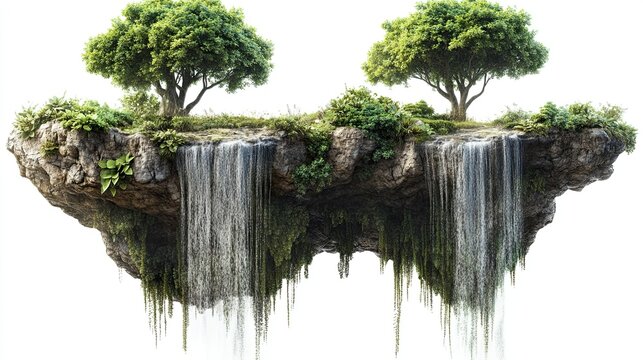 Surreal Floating Islands PNG with Lush Greenery and Waterfalls for Dreamlike, Fantasy, and Sci-Fi Concepts - Powered by Adobe