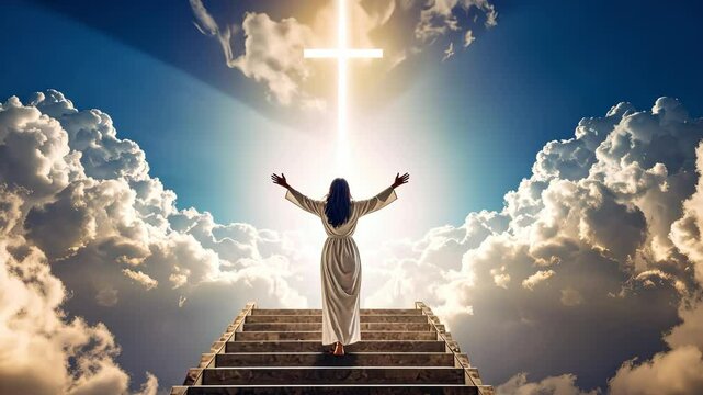 Angel ascending to heaven in a colorful sky.