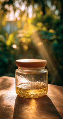 Photo of sunlight illuminates a jar of honey with a wooden lid on a table