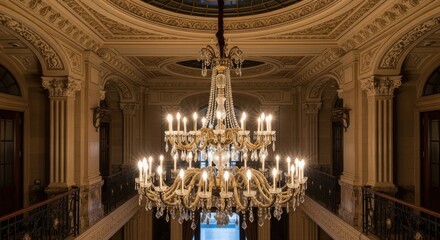 Fototapeta premium Grand Chandelier Illuminating Ornate Hallway with Intricate Details and Classic Architecture