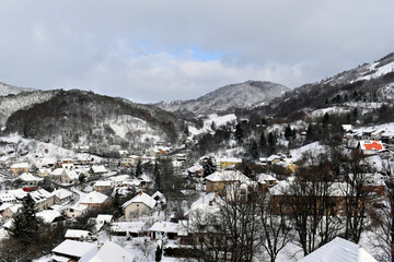 Snow-covered mountain village in the Carpathians