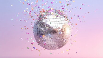 A shiny silver disco ball reflects light as colorful confetti floats around it, creating a joyful and celebratory mood against a soft pastel gradient backdrop perfect for events