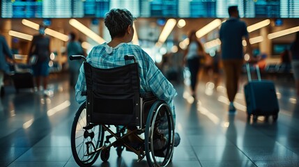 A man in a wheelchair observing the bustling airport atmosphere filled with travelers.