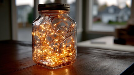 Lit fairy lights in a jar. Warm, rustic table setting