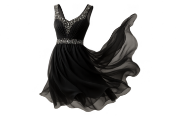 Elegant black formal dress with bead details, isolated on transparent background