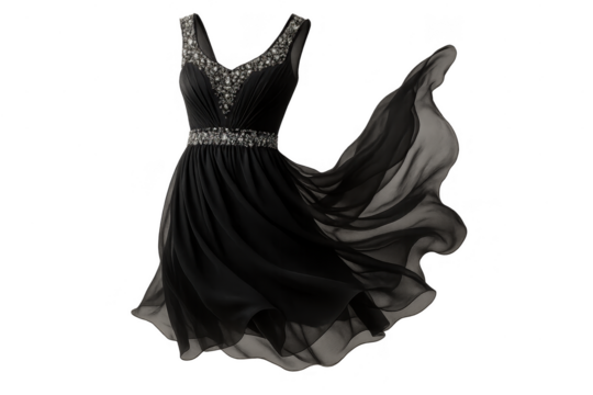 Elegant black formal dress with bead details, isolated on transparent background