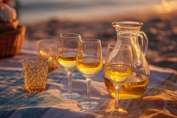White wine in glasses and a clear jug sit on a striped cloth likely at a beach under warm sunlight