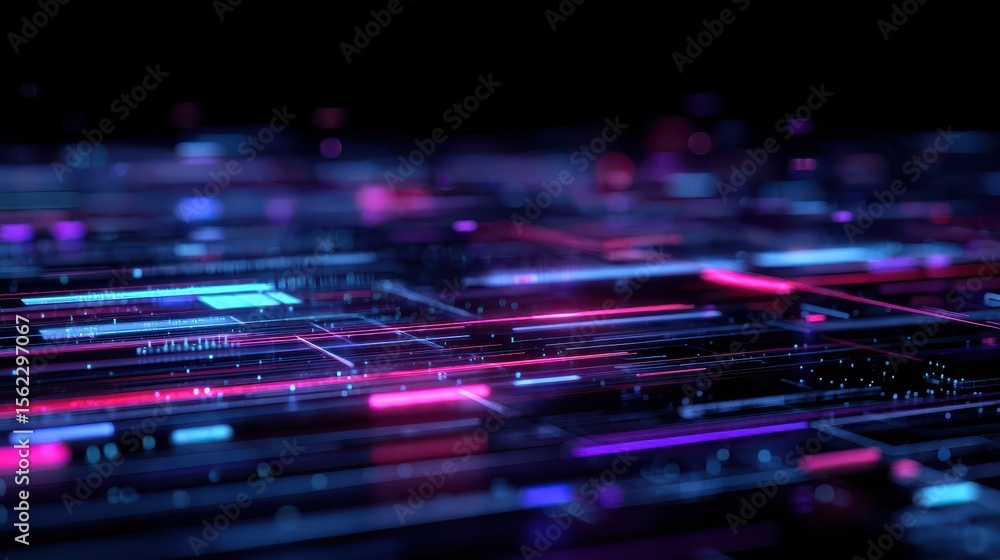 Poster a cybernetic interface background with complex digital data arrays and vibrant neon lines intersecti