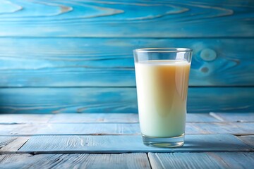A glass of creamy milk sits on a rustic blue wooden table against a matching blue wooden background