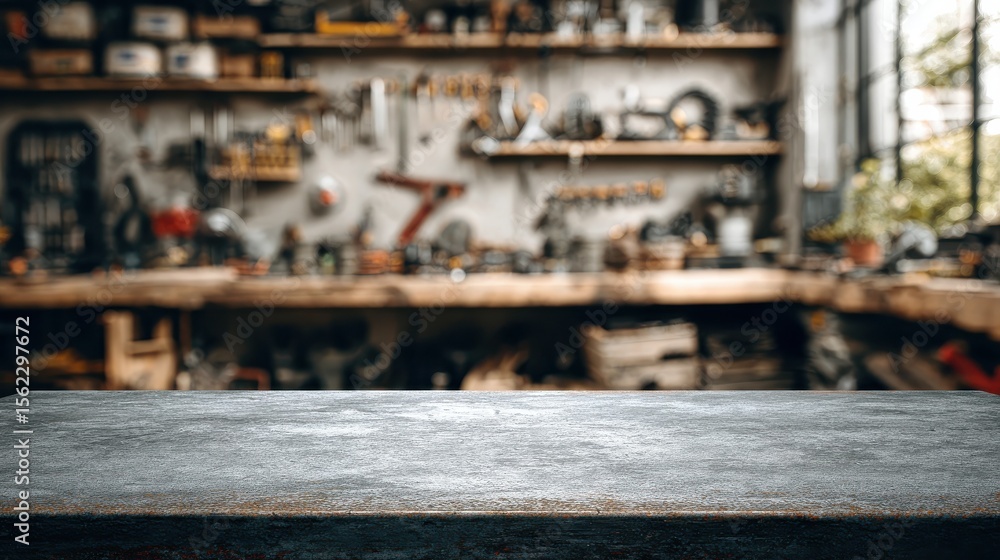 Poster blank rough metal workshop and desk table surface on blurred garage background with copy space, empt