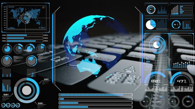 High-tech global network connection interface showing worldwide digital communication, data exchange, and internet connectivity. Global connection, data interaction, and worldwide communication. Thunk