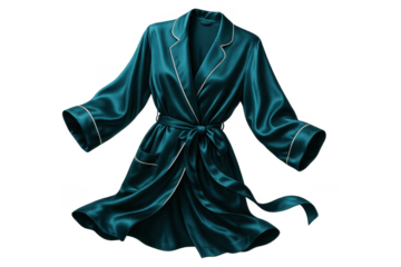 Dark teal silk robe with white piping isolated on transparent background