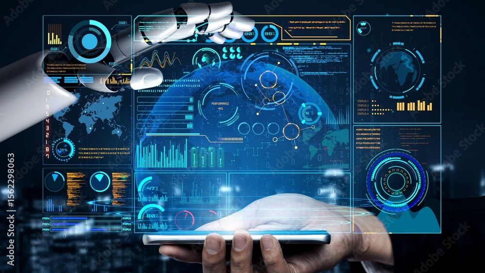 Poster ai artificial intelligence drives data analytics with predictive models, smart dashboards, and virtu