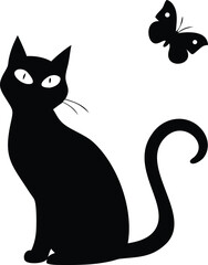 black silhouette of a sitting cat looking at a flying butterfly