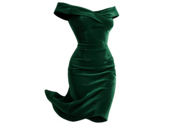 Luxurious emerald green velvet evening gown isolated on transparent background.