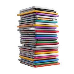 Stacked DVD cases: a visual symphony of colors in a neatly arranged tower, representing a media collection, capturing the essence of home entertainment and cinematic experiences.