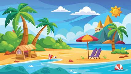 Cartoon Summer Beach Scene with Palm Trees, Hut, Deck Chairs, and Sunny Sky