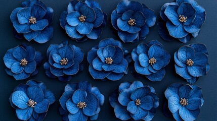 Blue paper flowers with golden centers arranged neatly