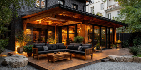 A beautiful porch with wooden structure, cozy furniture, welcoming atmosphere and potted plants on a summer evening