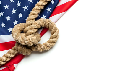 American Flag with Knotted Rope presents a symbol of crisis, creating a strong visual narrative for patriotism, issues, or conceptual themes.