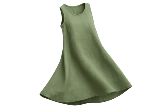 Sage green linen sleeveless dress isolated on a transparent background, fashion apparel