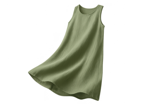 Flowy olive green casual sleeveless dress isolated on transparent background