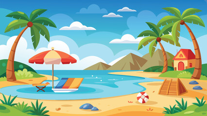 Cartoon Beach Paradise Palm Trees, Umbrella, House, and Mountain Backdrop Illustration