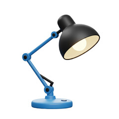Elegant blue desk lamp with adjustable arm with yellow bulbe on white background