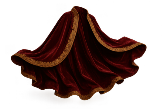 Luxurious deep red velvet cloak with ornate golden trim, isolated on transparent.