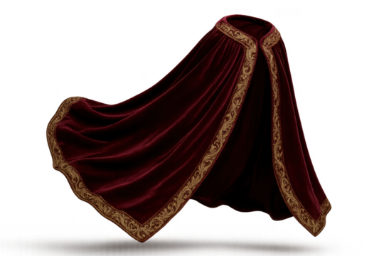 Luxurious red velvet cape with gold embroidery isolated on transparent background