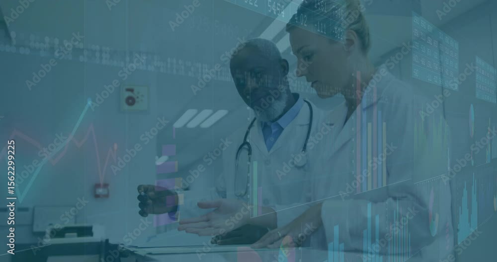 Poster two doctors opening and scanning binder while pointing patient stats, graphs pulsing in corridor