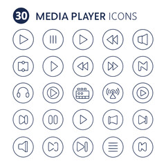 Collection of thirty media player icons featuring play pause rewind fast forward and volume controls in circles