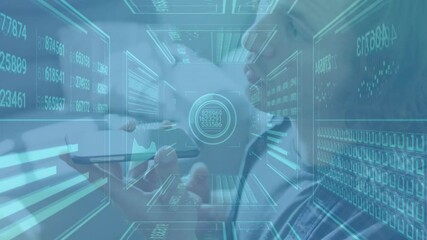 Man bringing smartphone to mouth speaking voice commands and generating technology data overlays - Powered by Adobe